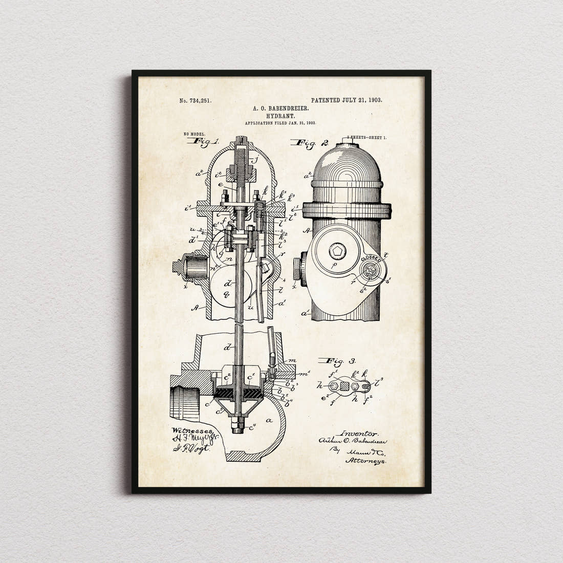 Fire Hydrant Patent Print in the aged paper colourway, framed