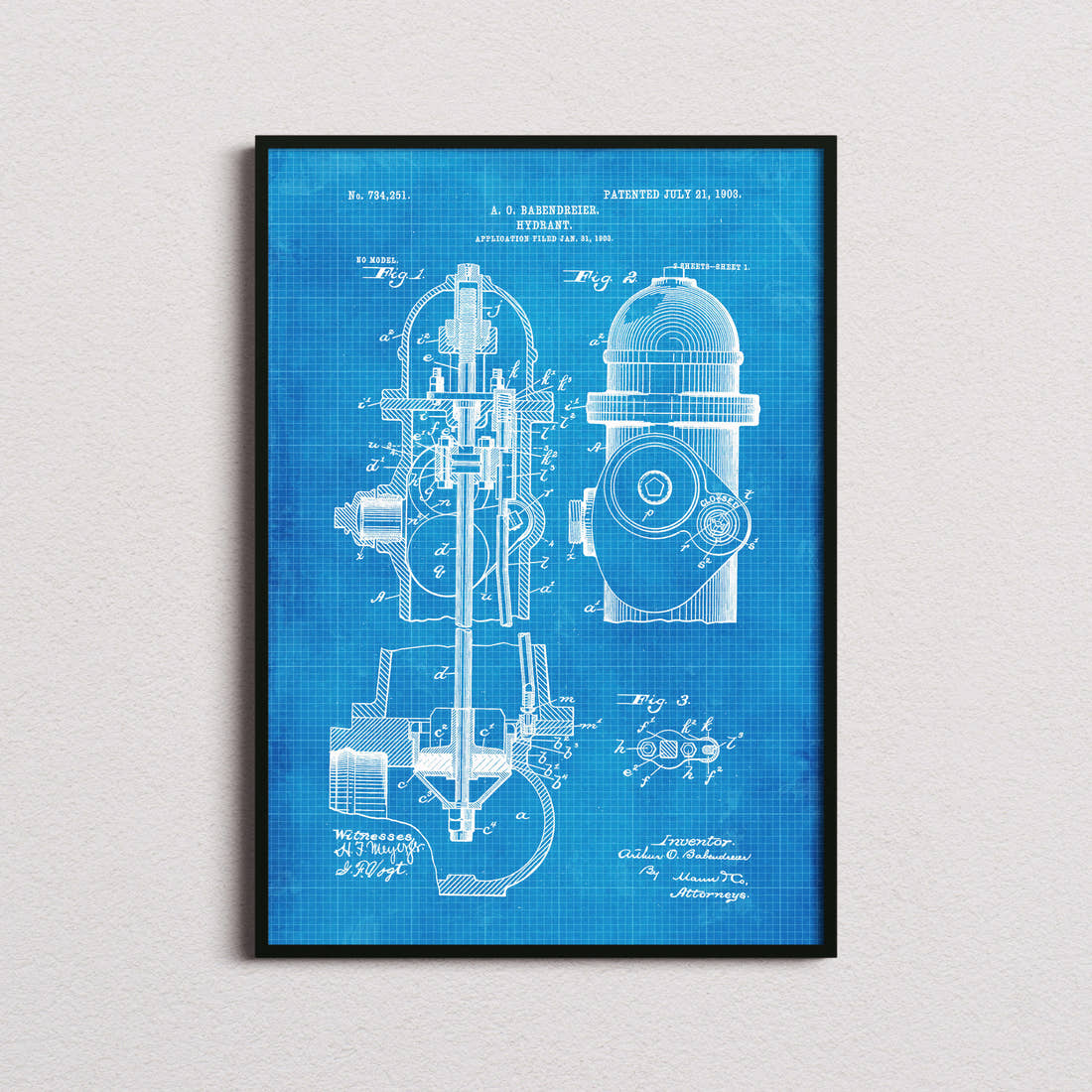 Fire Hydrant Patent Print in the blueprint colourway, framed