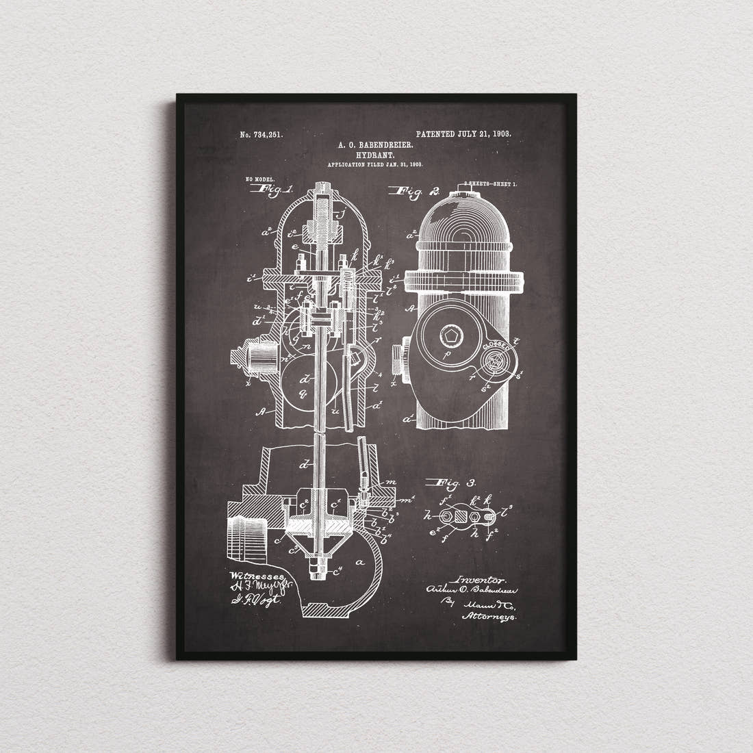 Fire Hydrant Patent Print in the blackboard colourway, framed