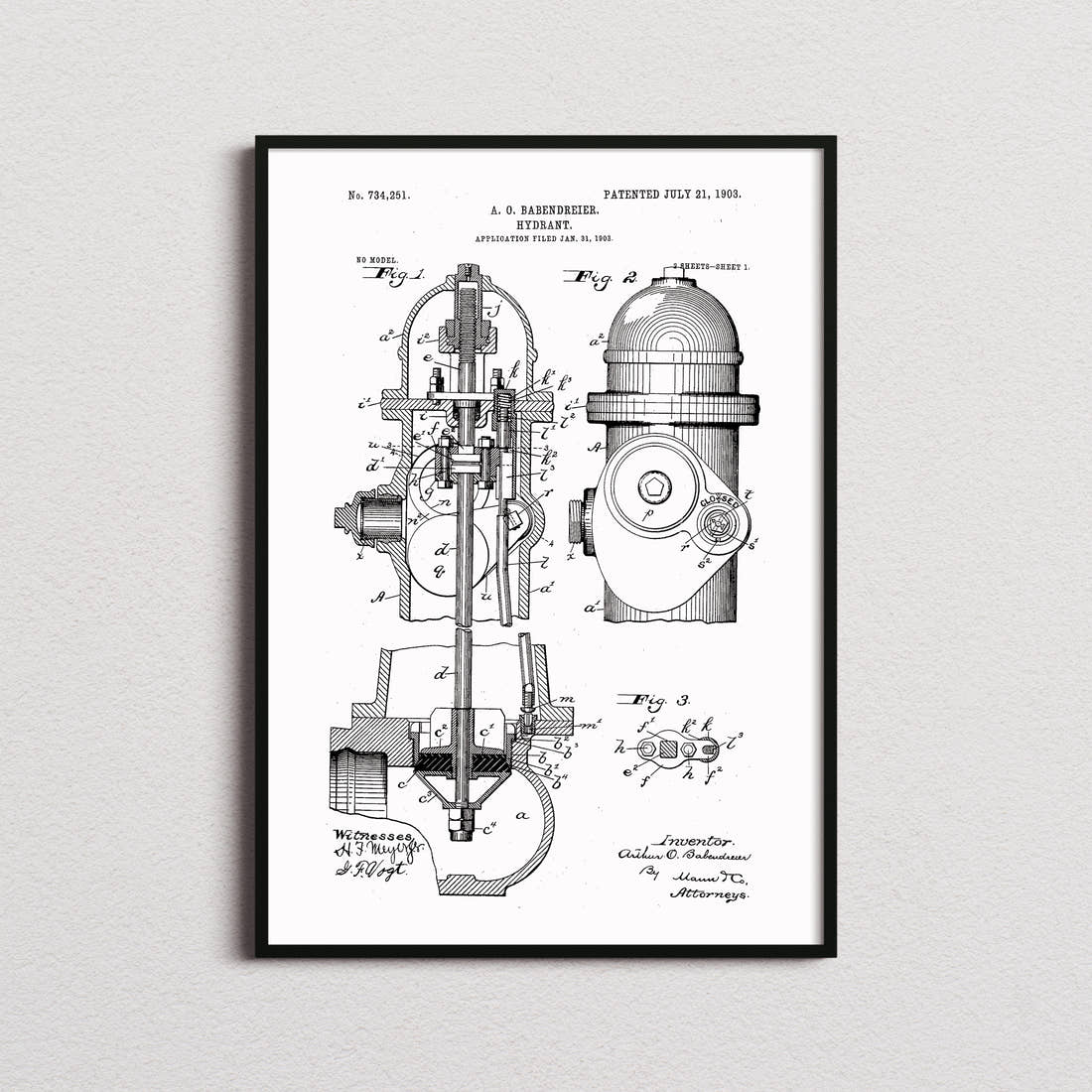 Fire Hydrant Patent Print in the white colourway, framed