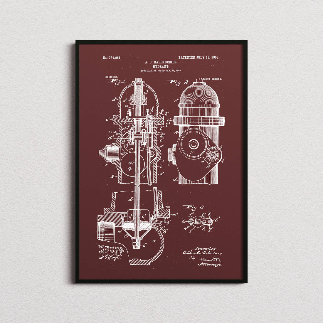 Fire Hydrant Patent Print in the burgundy colourway, framed