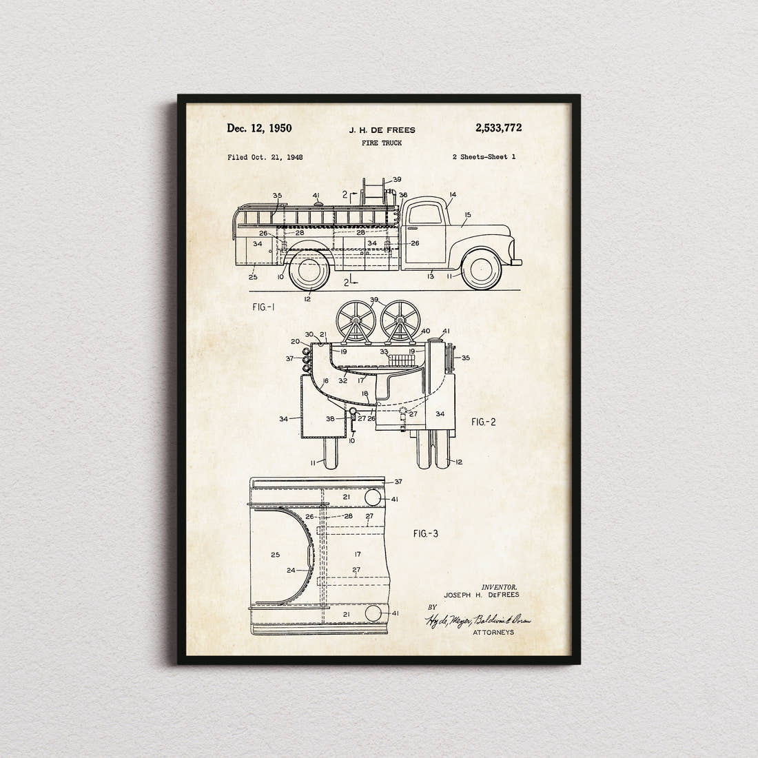 Fire Truck Patent Print in the aged paper colourway, framed
