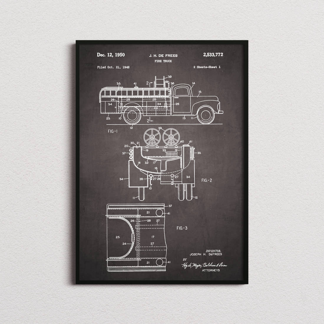 Fire Truck Patent Print in the blackboard colourway, framed