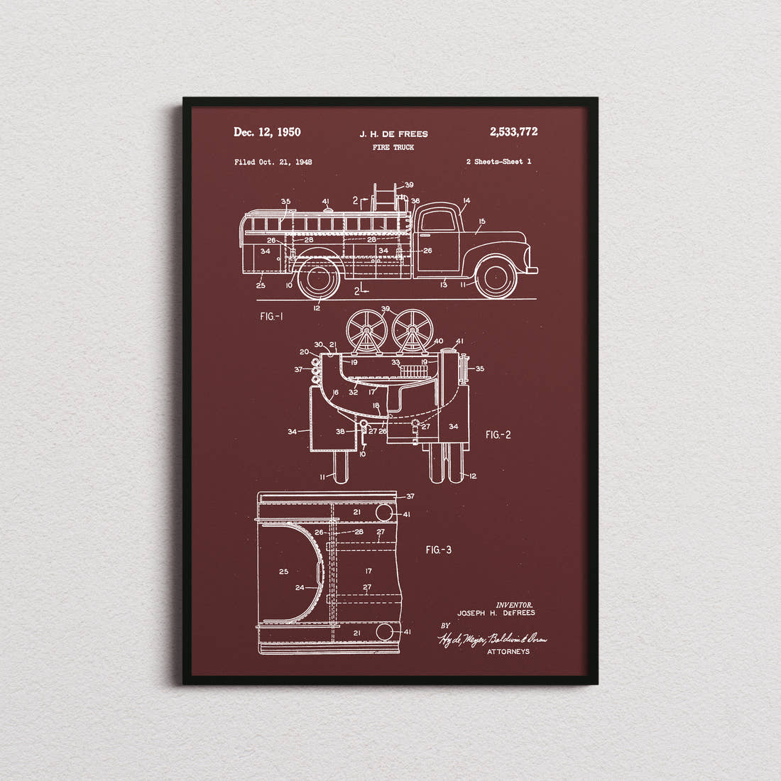 Fire Truck Patent Print in the burgundy colourway, framed