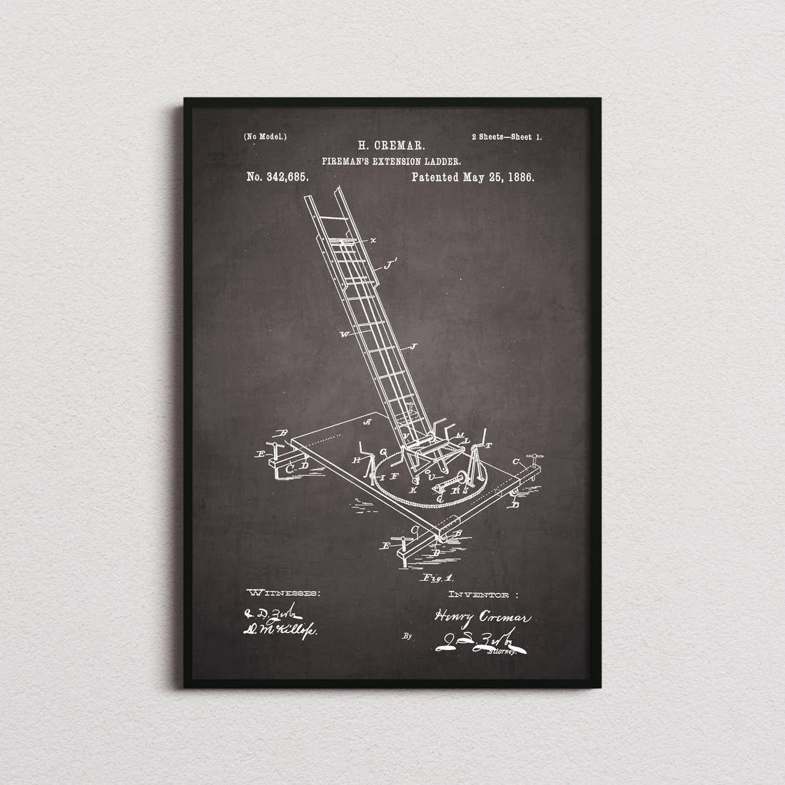 Firemens Extension Ladder Patent Print in the blackboard colourway, framed