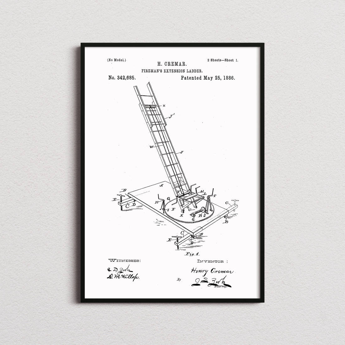 Firemens Extension Ladder Patent Print in the white colourway, framed