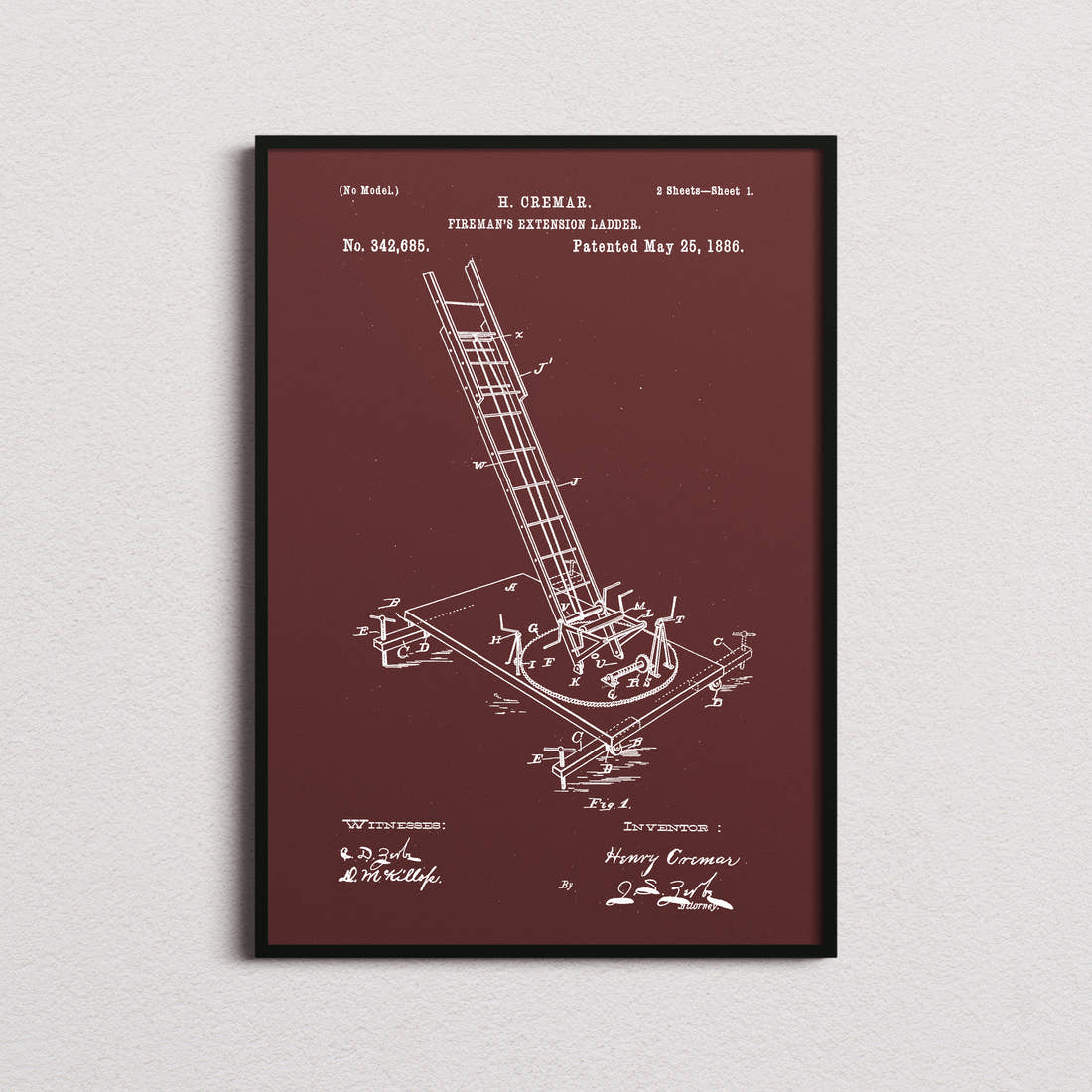 Firemens Extension Ladder Patent Print in the burgundy colourway, framed