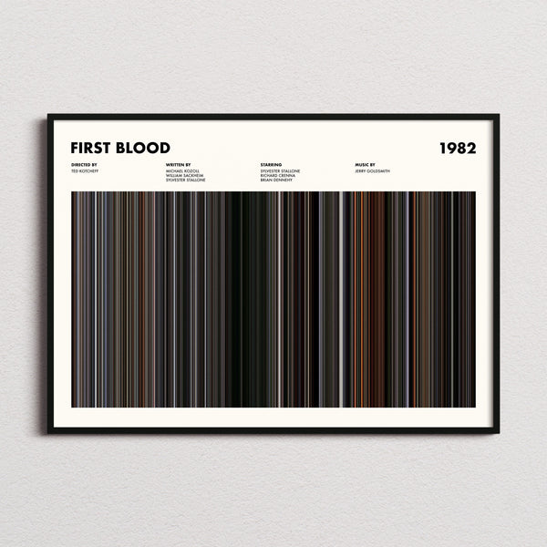 First Blood Movie Barcode Poster framed and photographed straight on