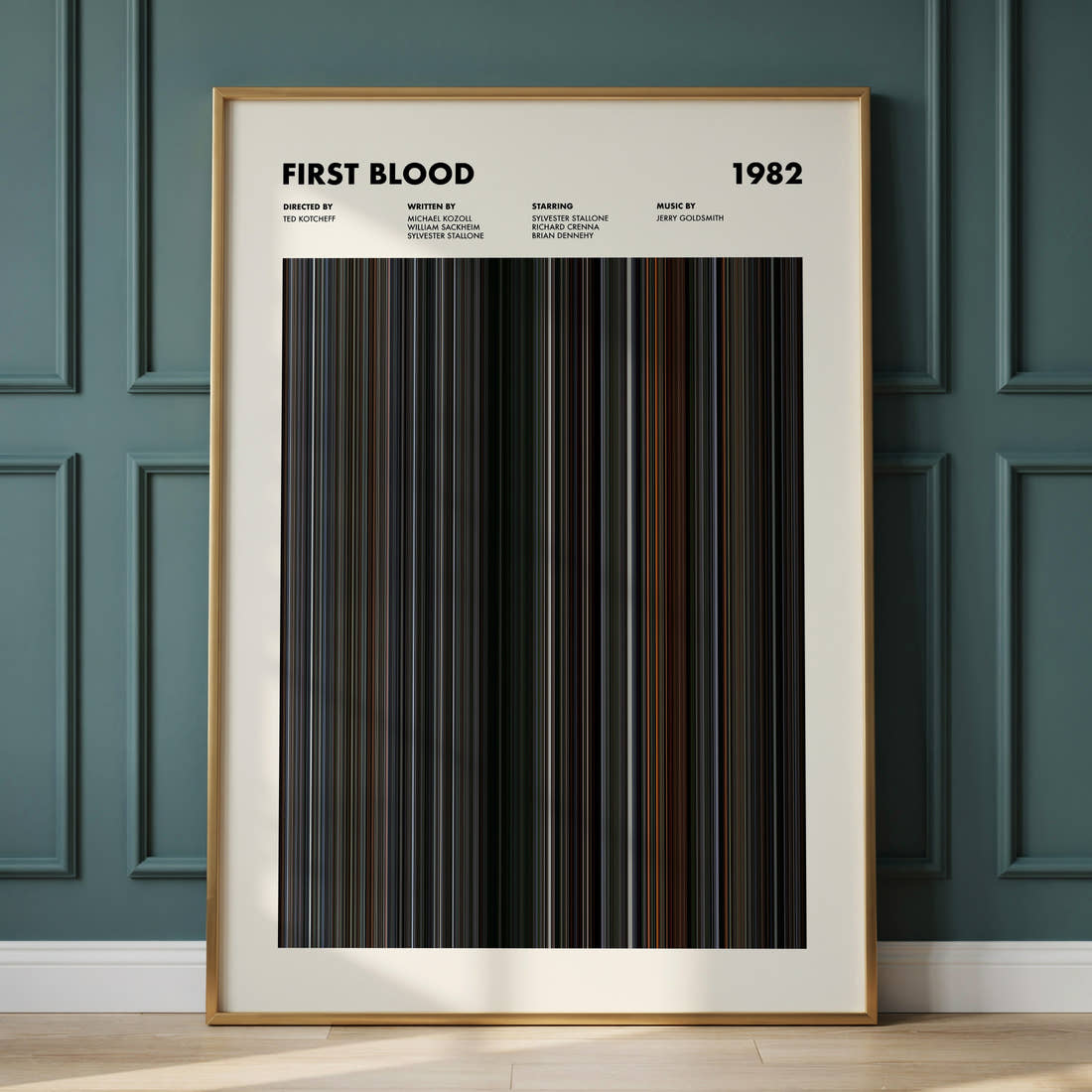 First Blood Movie Barcode Poster framed and leaning against a panelled wall