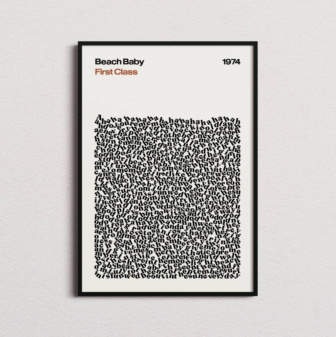 First Class Beach Baby Lyric Print in the cream colourway, framed