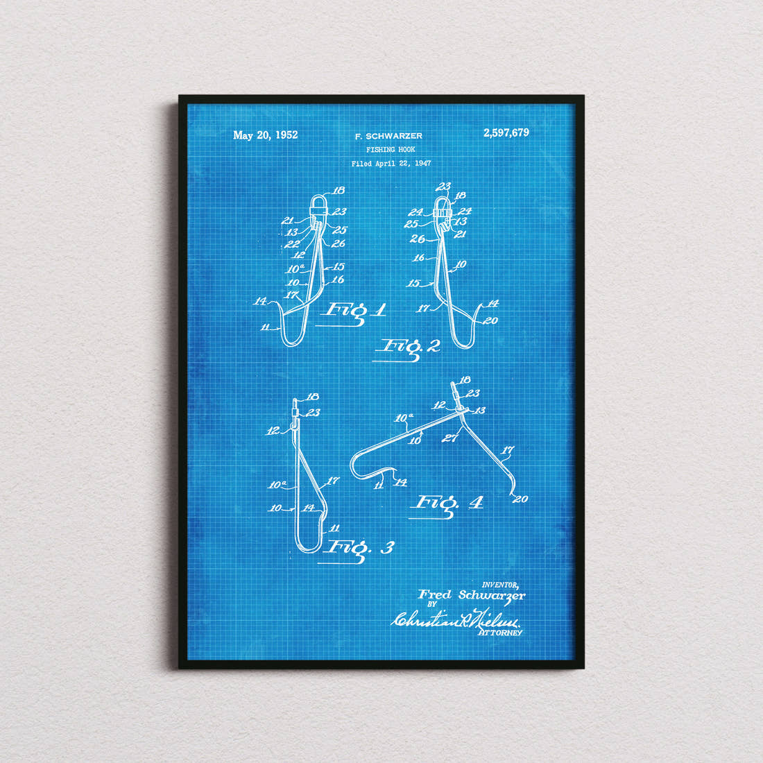 Fish Hook Patent Print in the blueprint colourway, framed