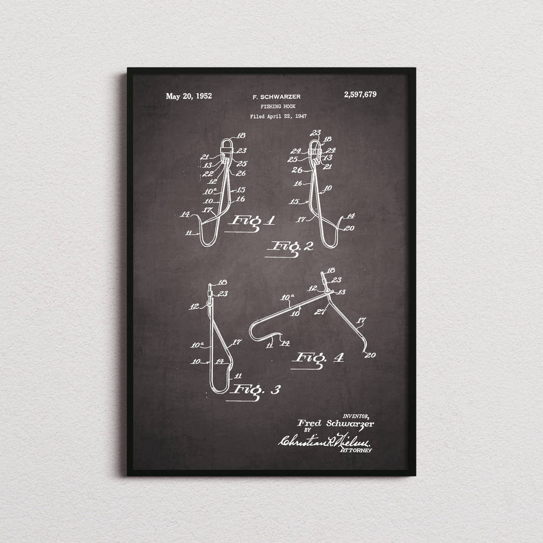 Fish Hook Patent Print in the blackboard colourway, framed