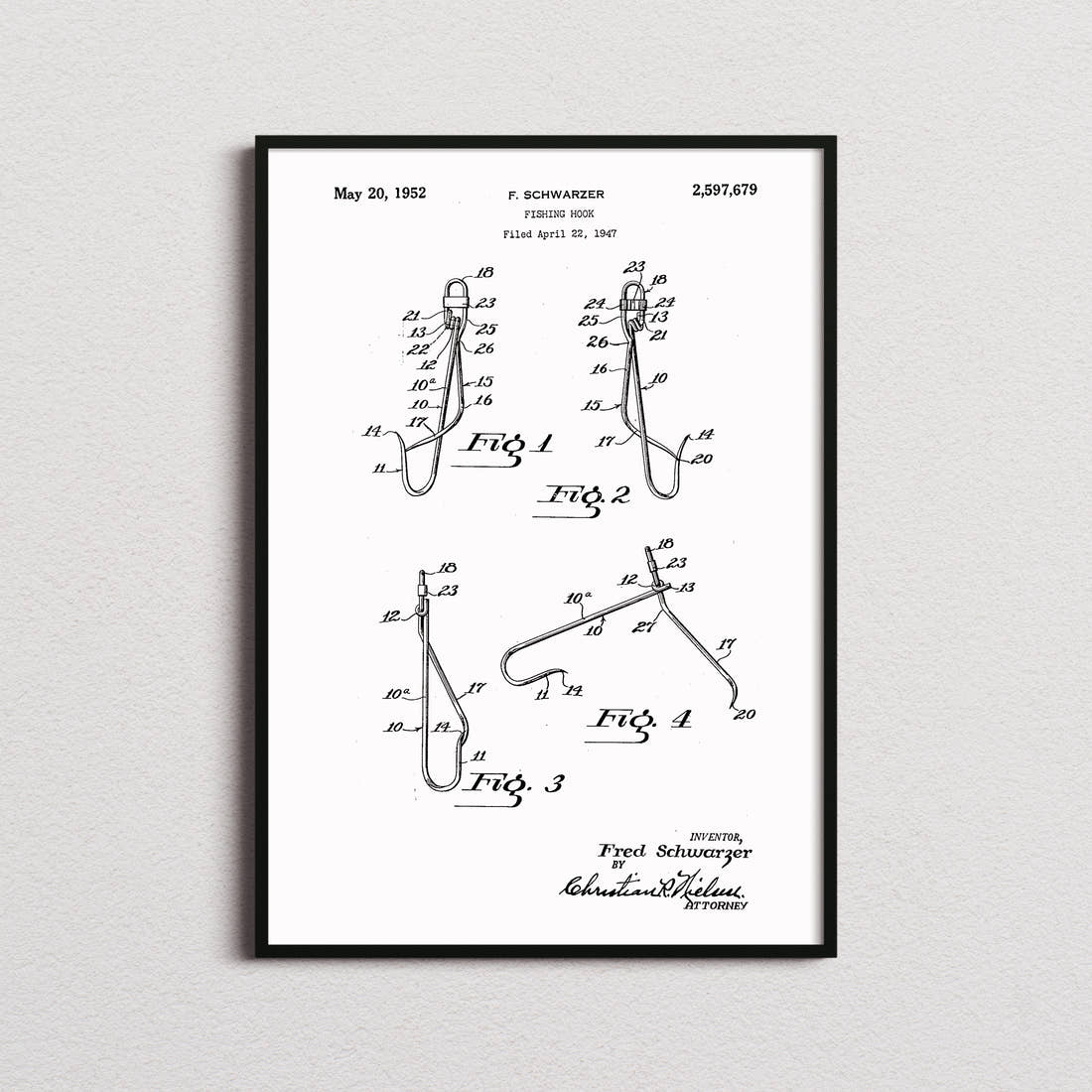 Fish Hook Patent Print in the white colourway, framed