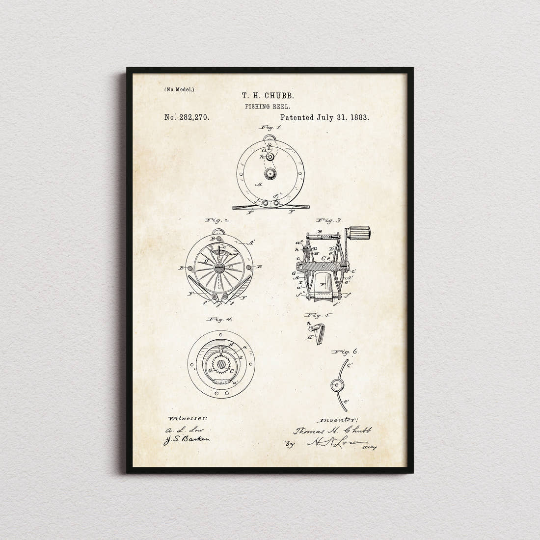 Fishing Reel Patent Print in the aged paper colourway, framed