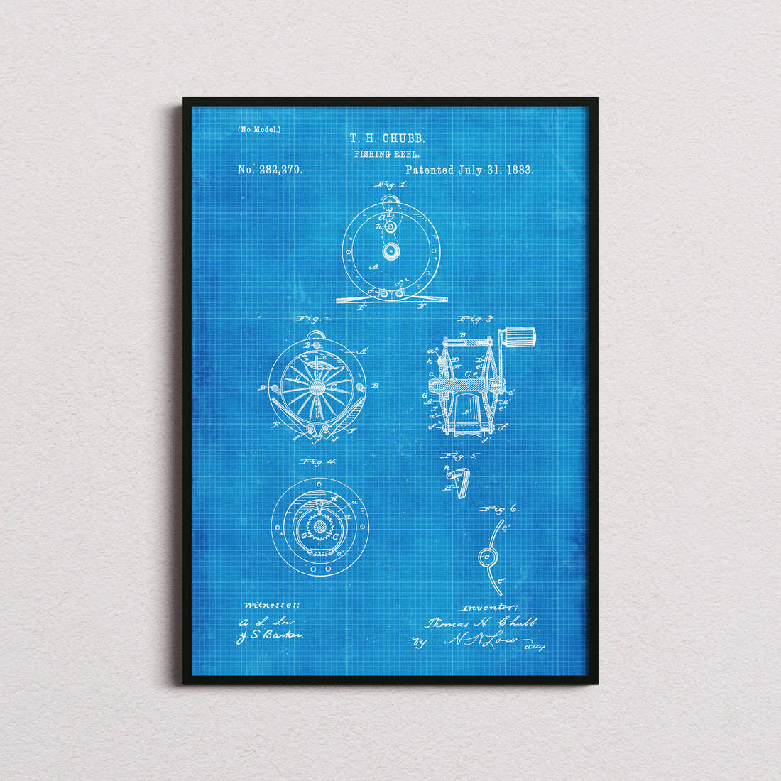 Fishing Reel Patent Print in the blueprint colourway, framed