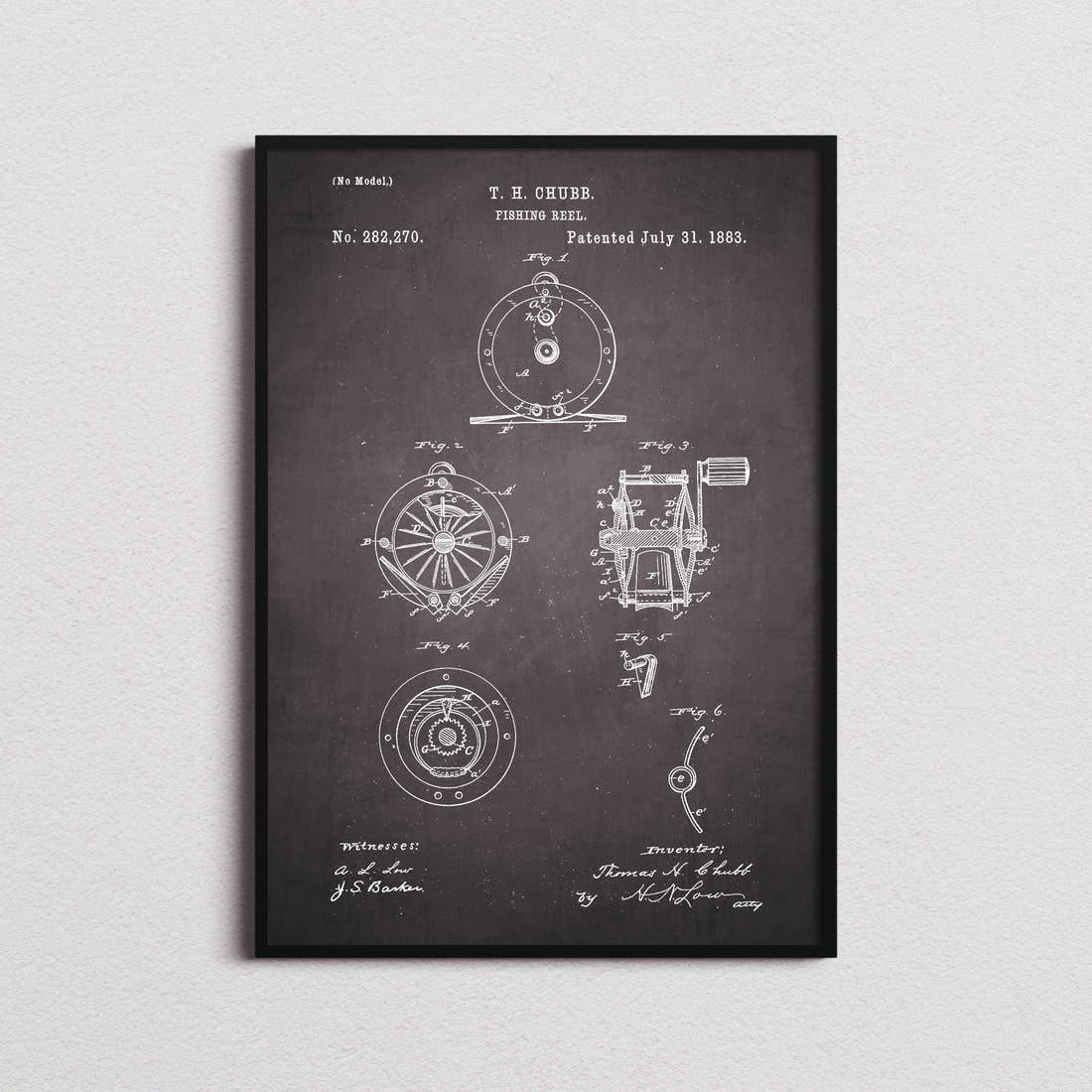 Fishing Reel Patent Print in the blackboard colourway, framed
