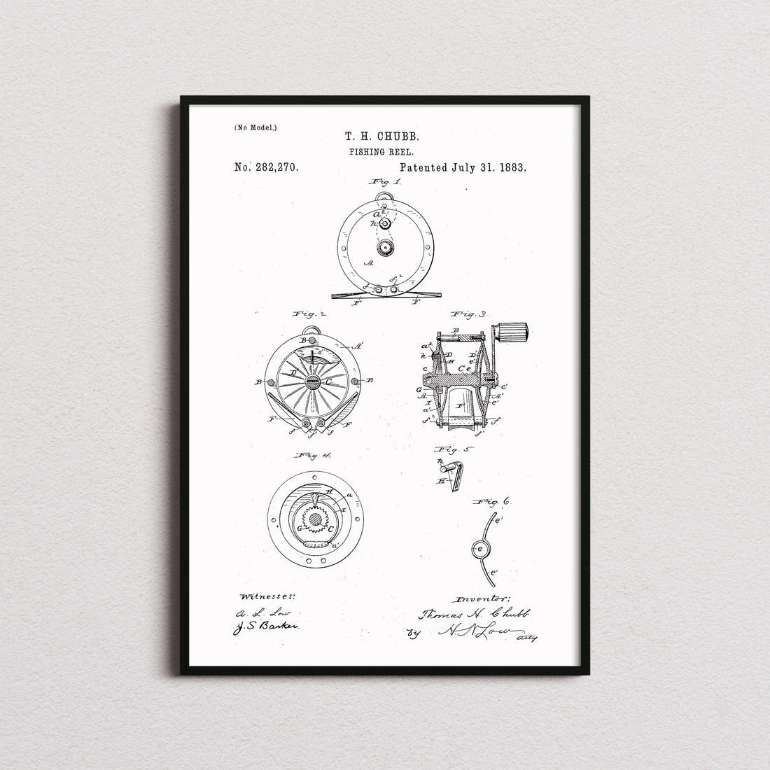 Fishing Reel Patent Print in the white colourway, framed