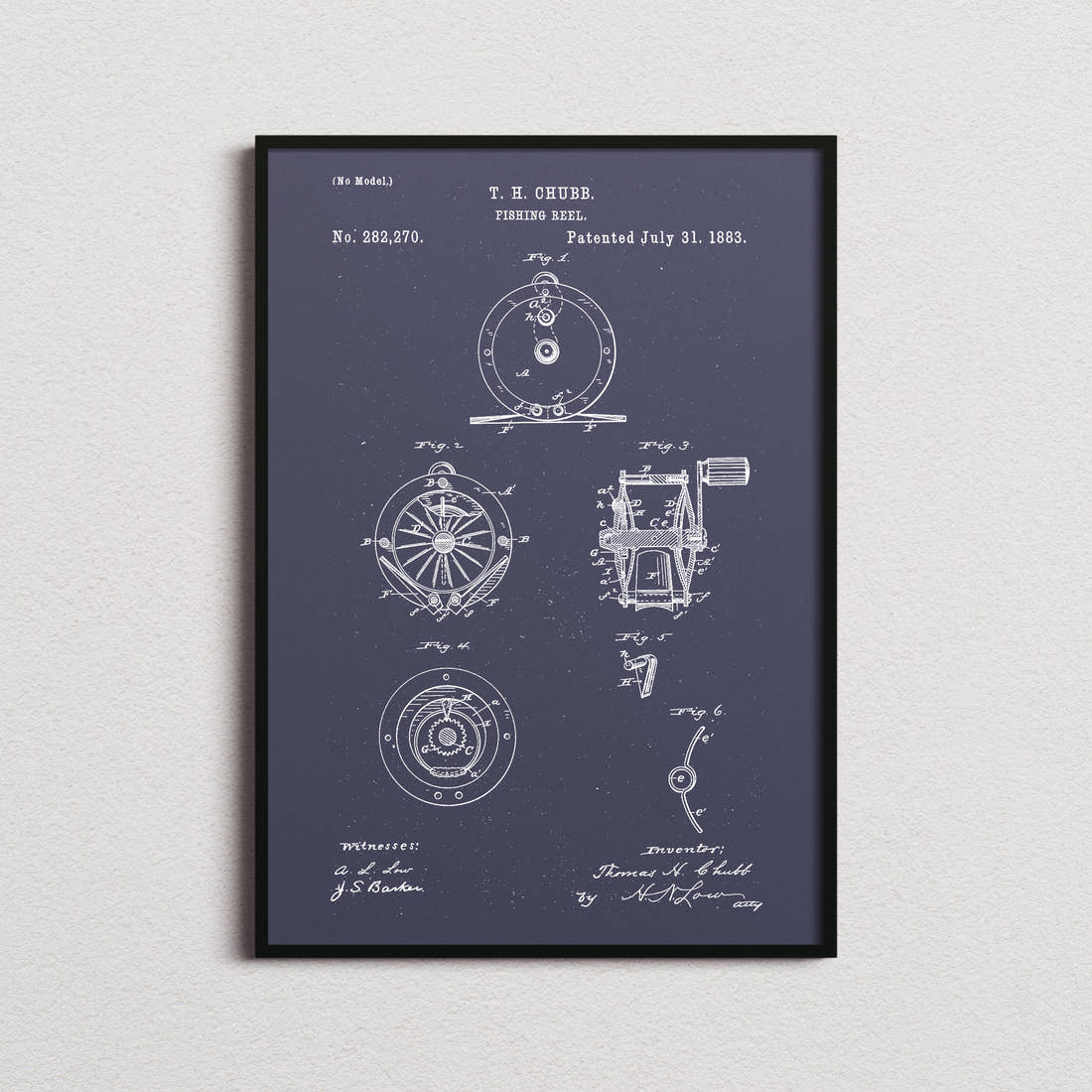Fishing Reel Patent Print in the navy colourway, framed