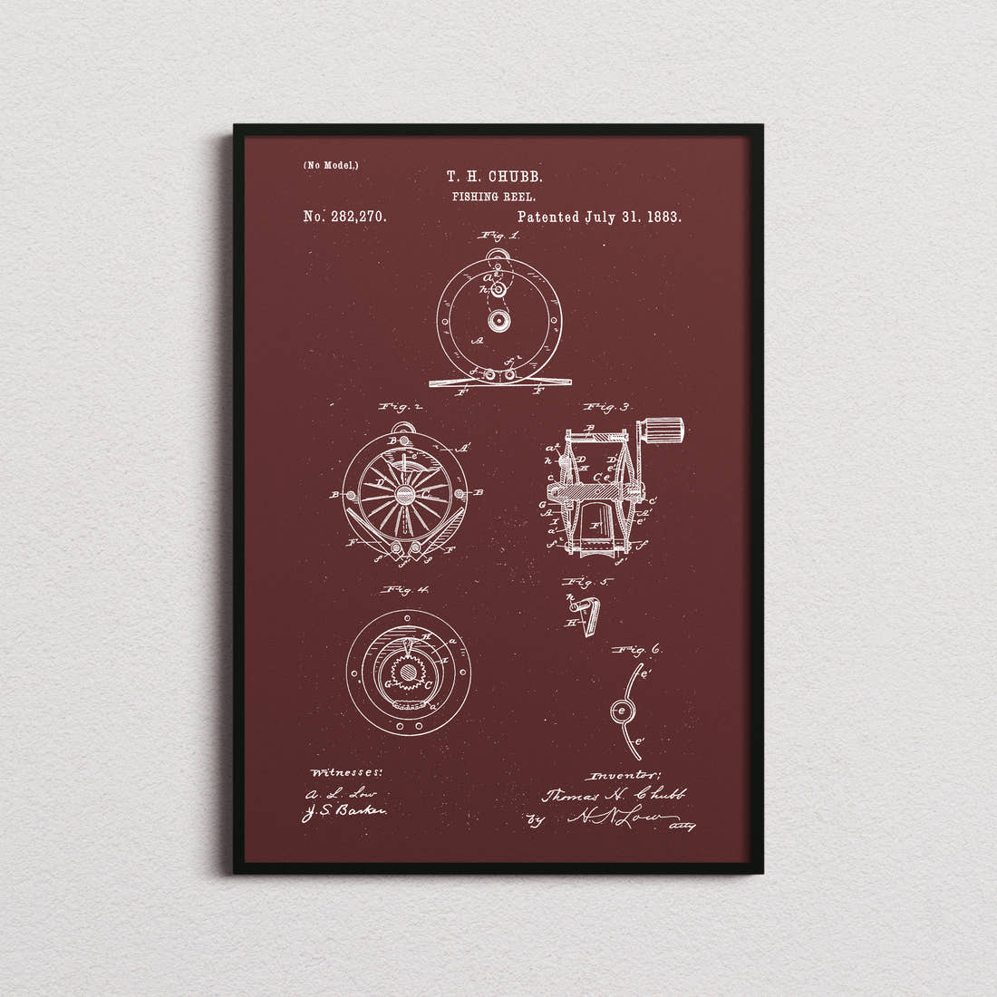 Fishing Reel Patent Print in the burgundy colourway, framed