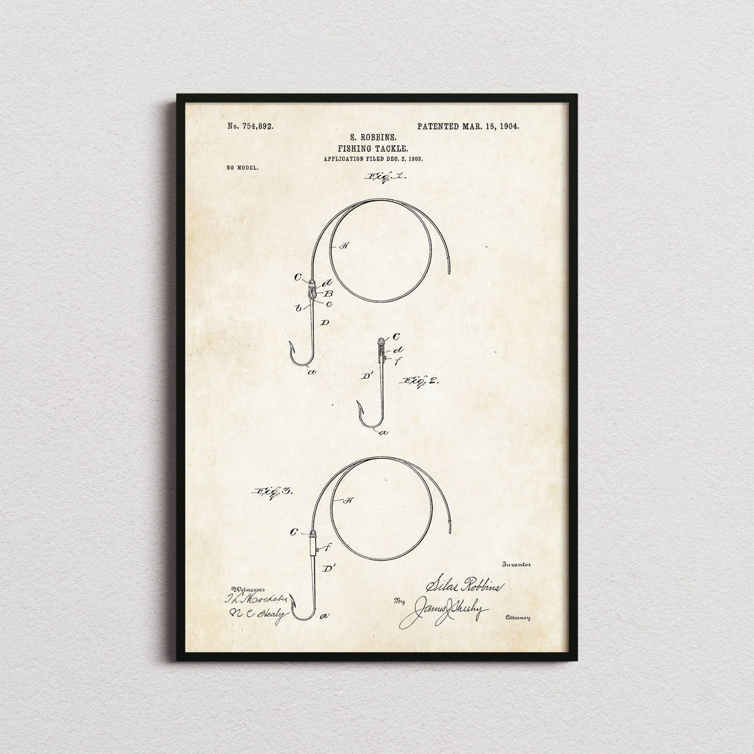 Fishing Tackle Patent Print in the aged paper colourway, framed