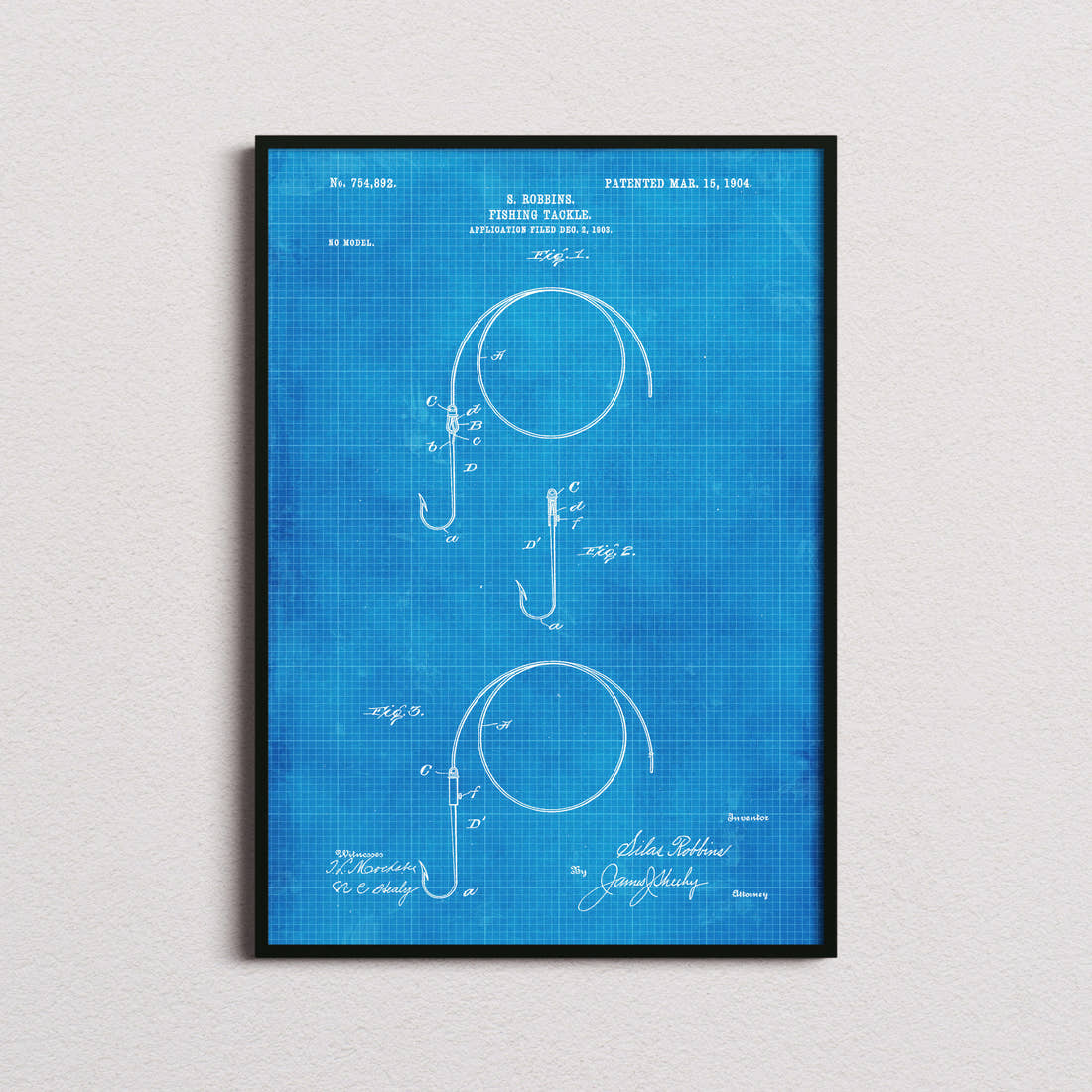 Fishing Tackle Patent Print in the blueprint colourway, framed