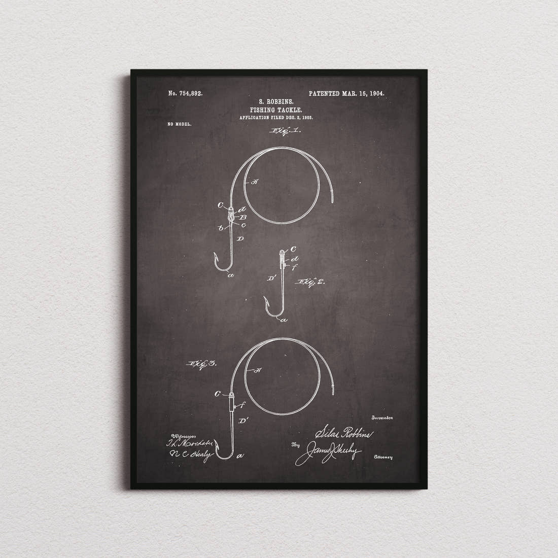 Fishing Tackle Patent Print in the blackboard colourway, framed
