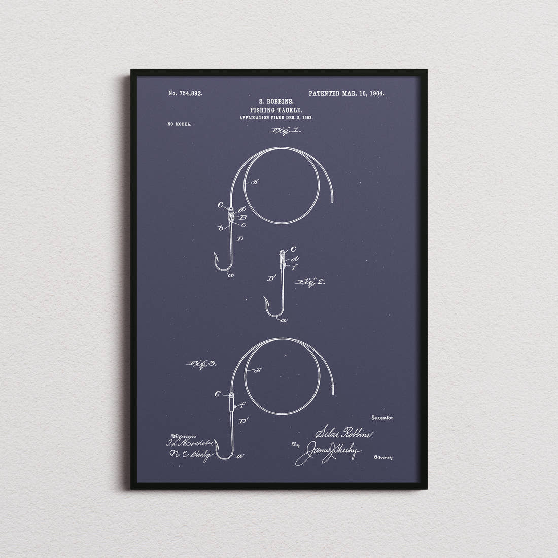 Fishing Tackle Patent Print in the navy colourway, framed