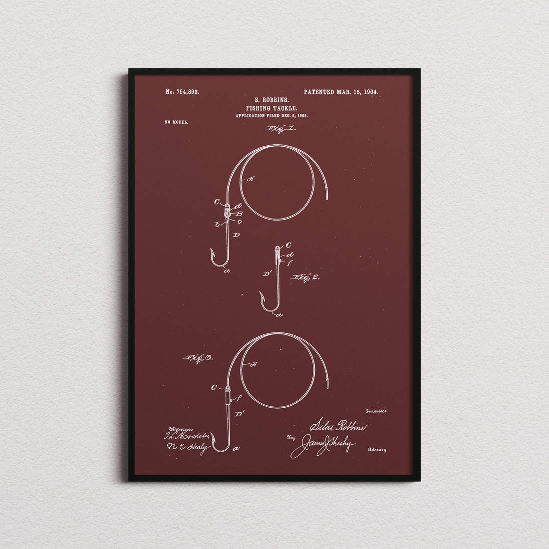 Fishing Tackle Patent Print in the burgundy colourway, framed