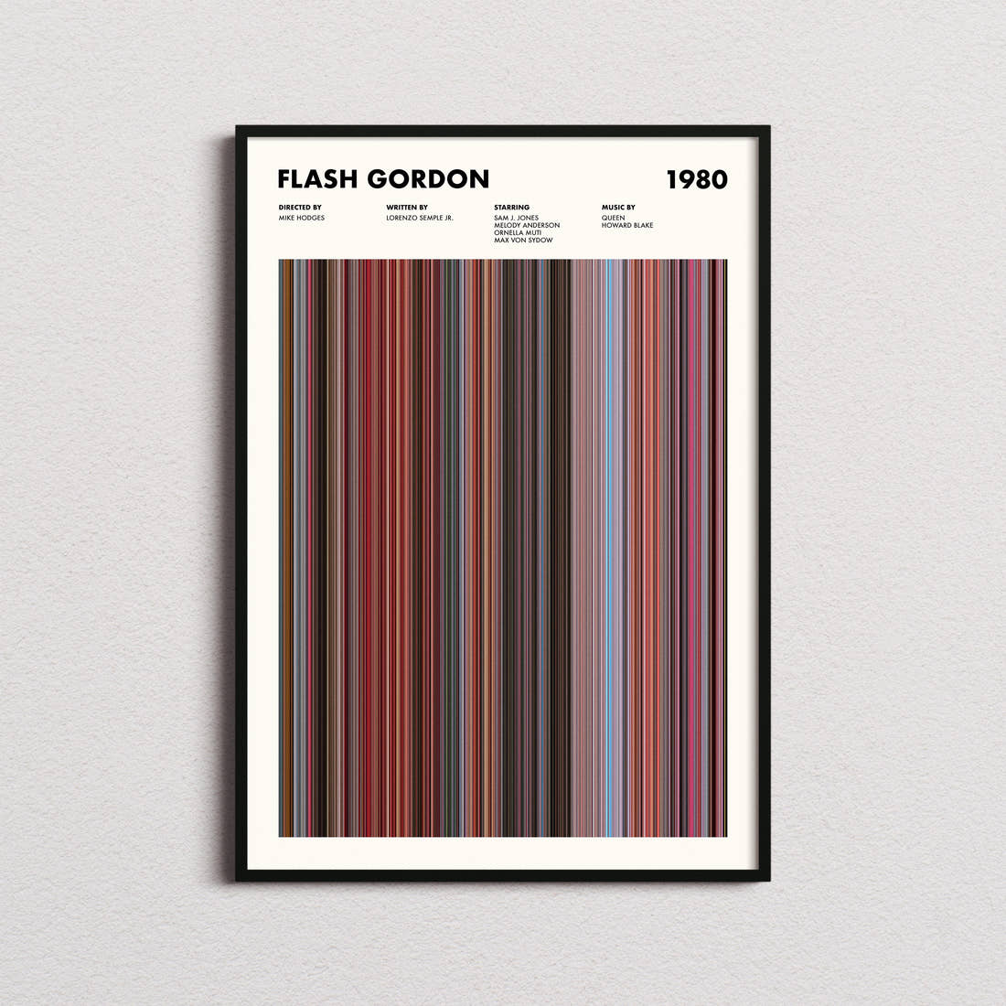 Flash Gordon Movie Barcode Poster framed on a plain studio wall