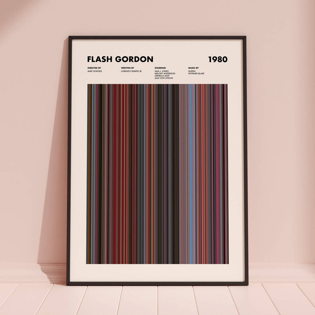 Flash Gordon Movie Barcode Poster framed and leaning against a coloured wall