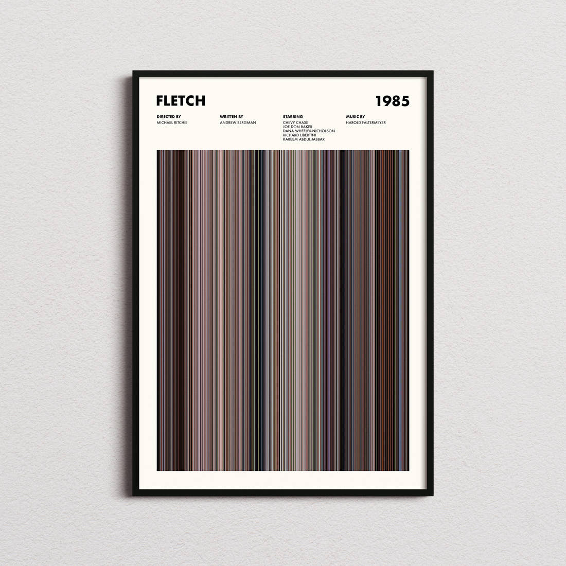 Fletch Movie Barcode Poster framed on a plain studio wall
