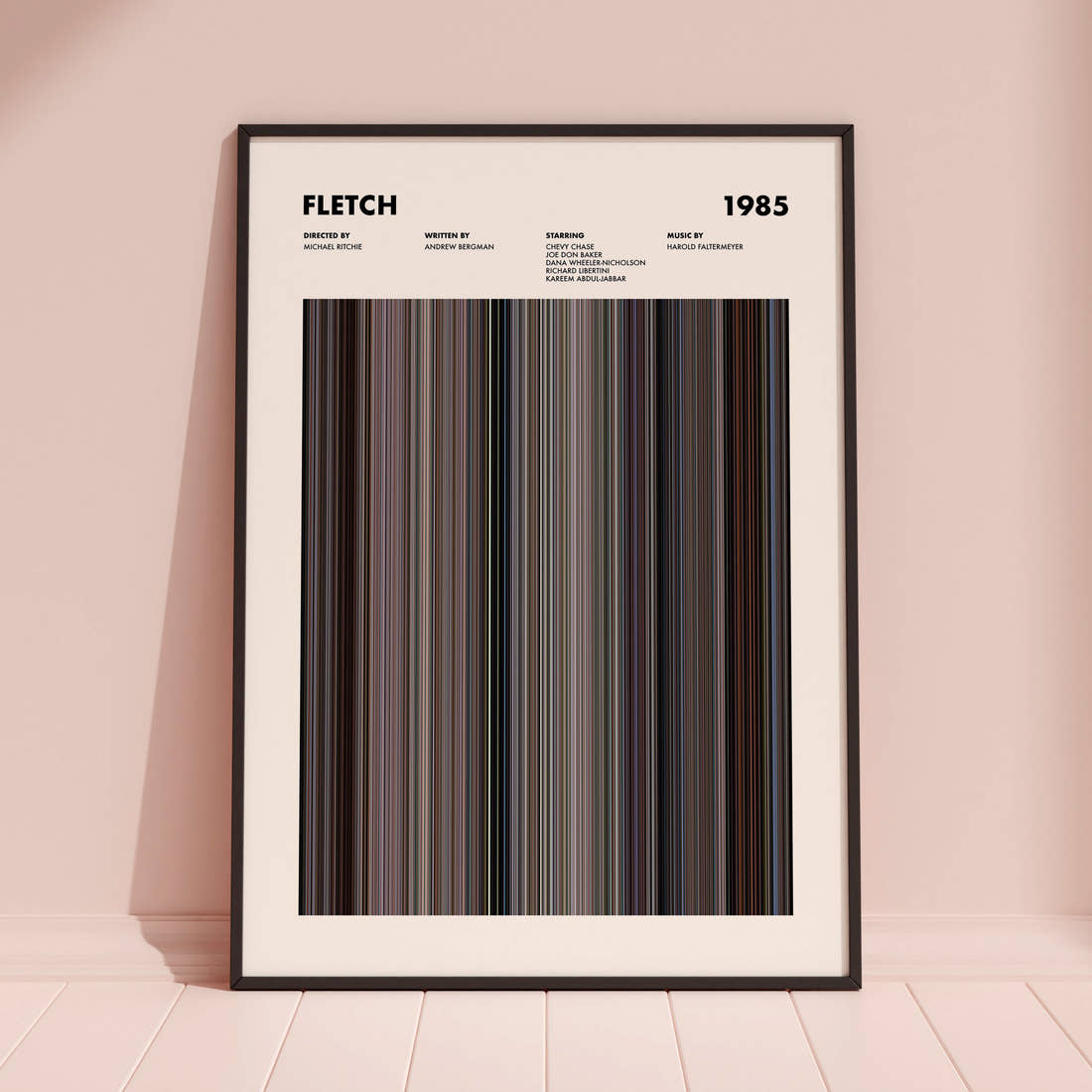 Fletch Movie Barcode Poster framed and leaning against a coloured wall