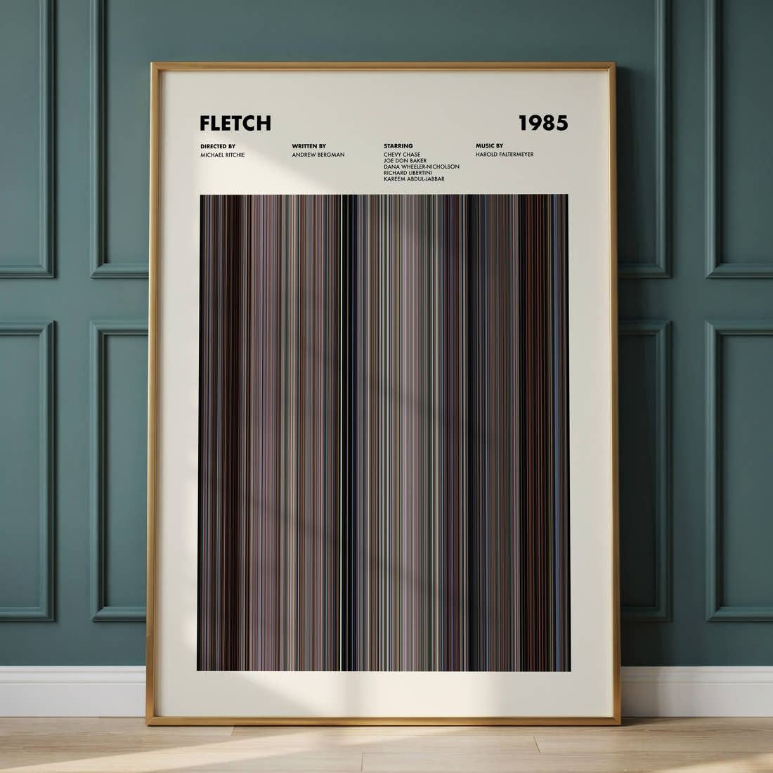 Fletch Movie Barcode Poster framed and leaning against a panelled wall