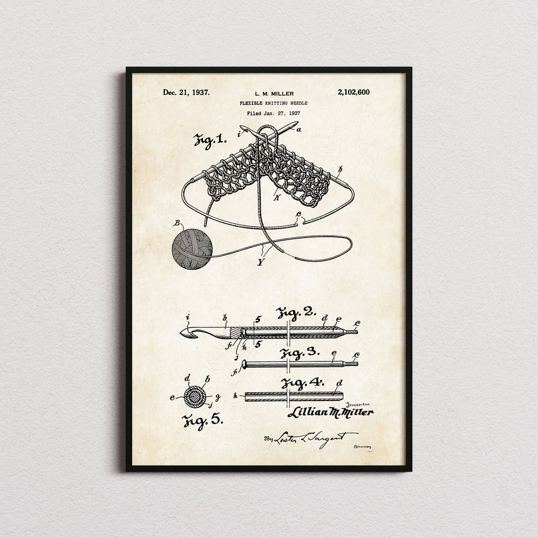 Flexible Knitting Needle Patent Print in the aged paper colourway, framed