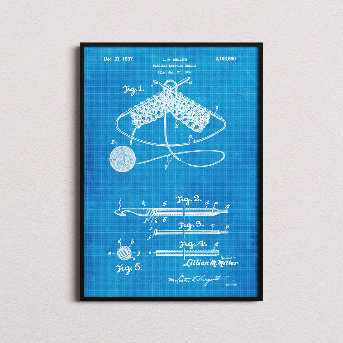Flexible Knitting Needle Patent Print in the blueprint colourway, framed