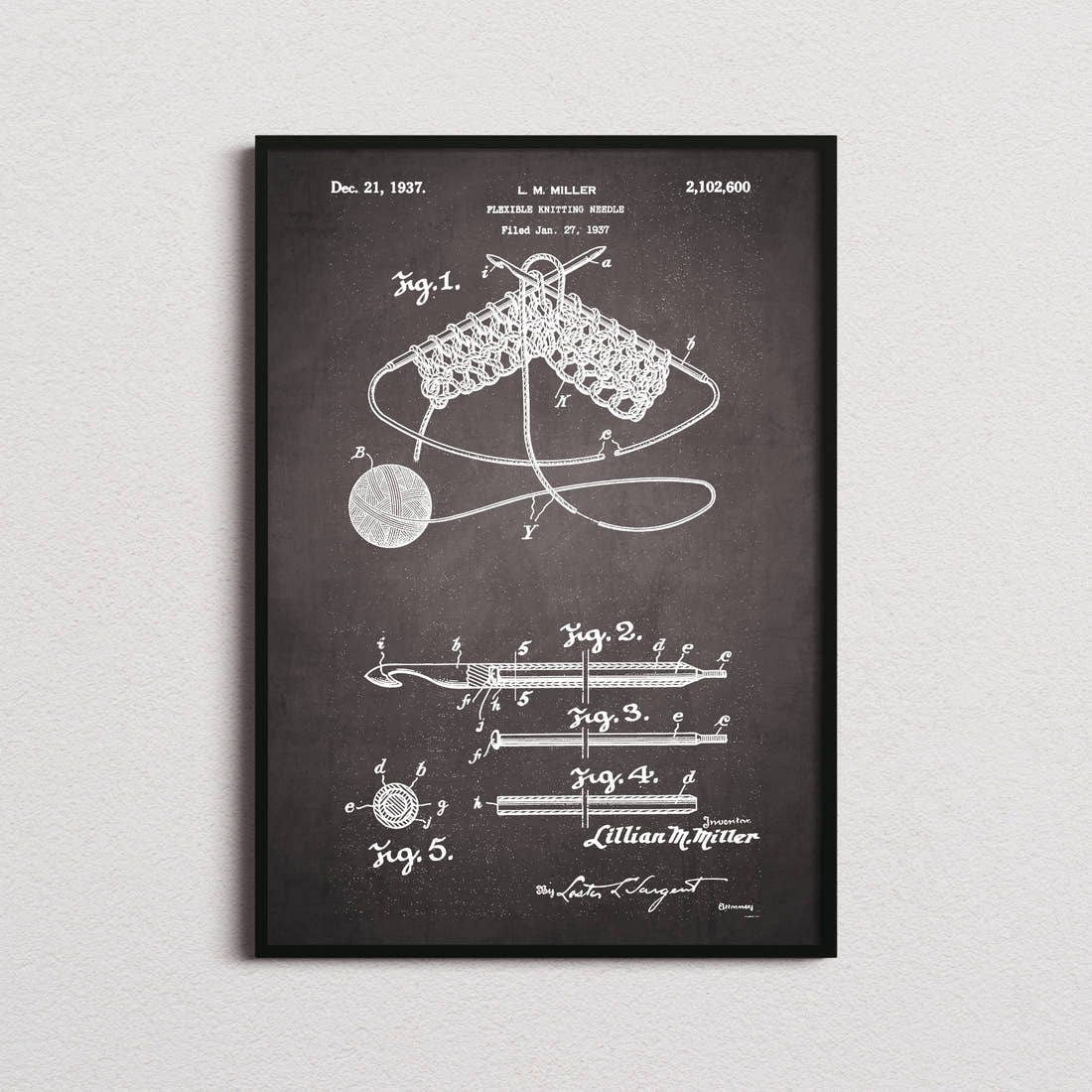 Flexible Knitting Needle Patent Print in the blackboard colourway, framed