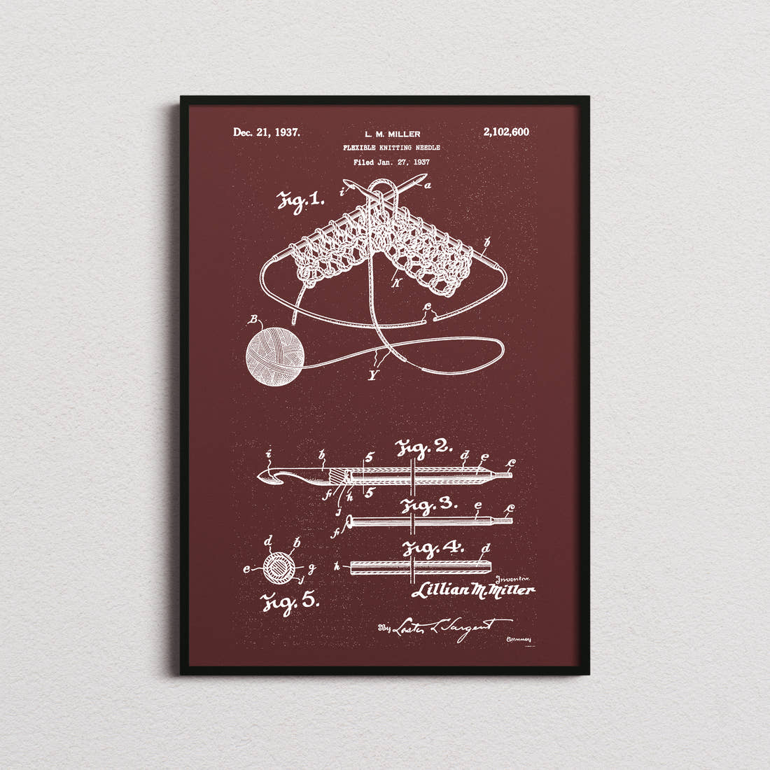 Flexible Knitting Needle Patent Print in the burgundy colourway, framed