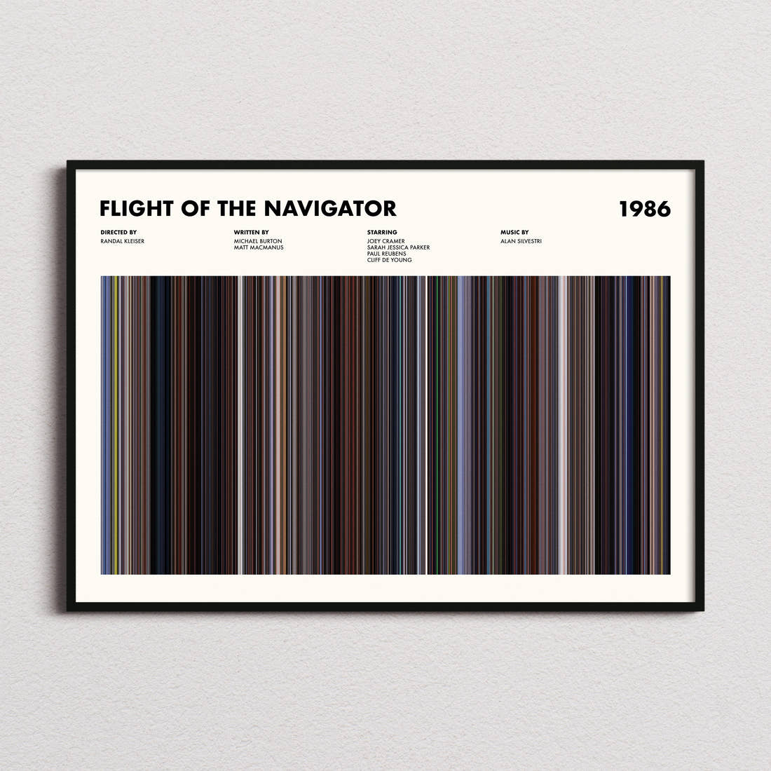 Flight of the Navigator Movie Barcode Poster framed and photographed straight on