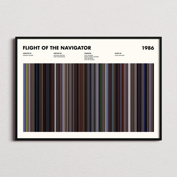 Flight of the Navigator Movie Barcode Poster framed and photographed straight on