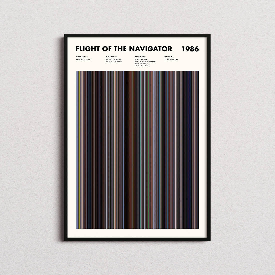 Flight of the Navigator Movie Barcode Poster framed on a plain studio wall