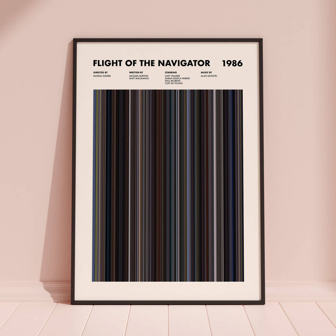 Flight of the Navigator Movie Barcode Poster framed and leaning against a coloured wall