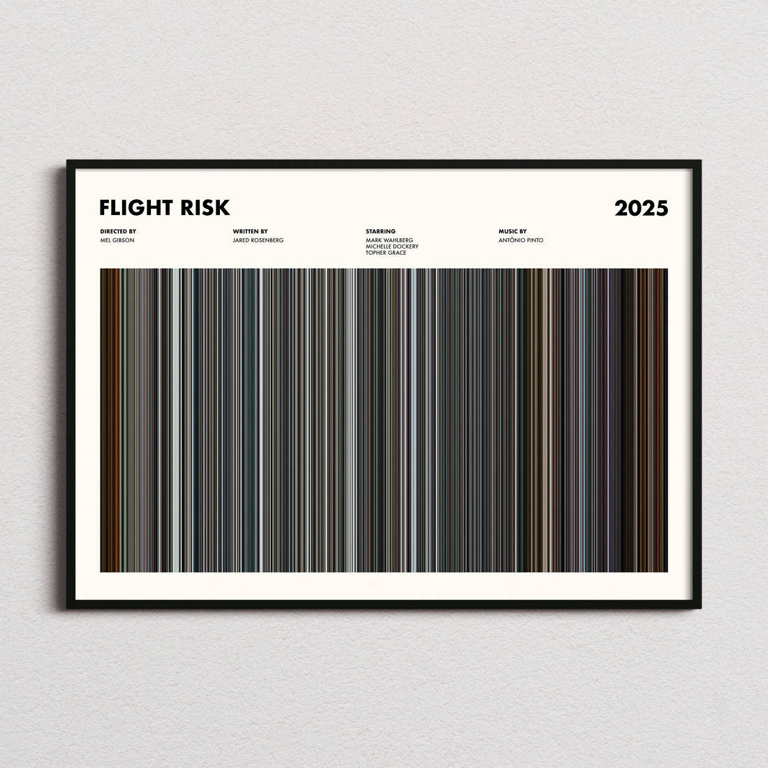 Flight Risk Movie Barcode Poster framed and photographed straight on