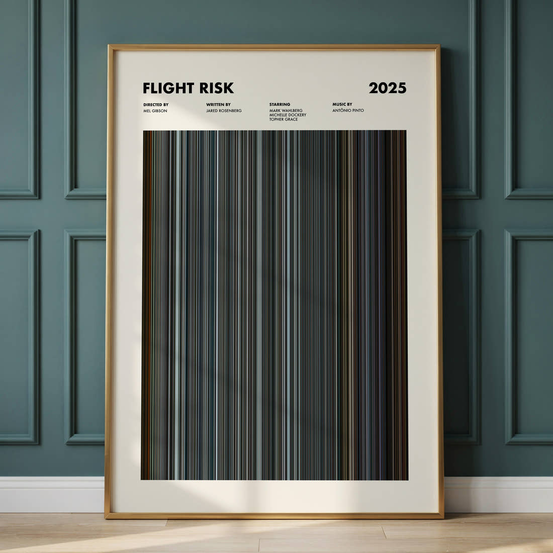 Flight Risk Movie Barcode Poster framed and leaning against a panelled wall