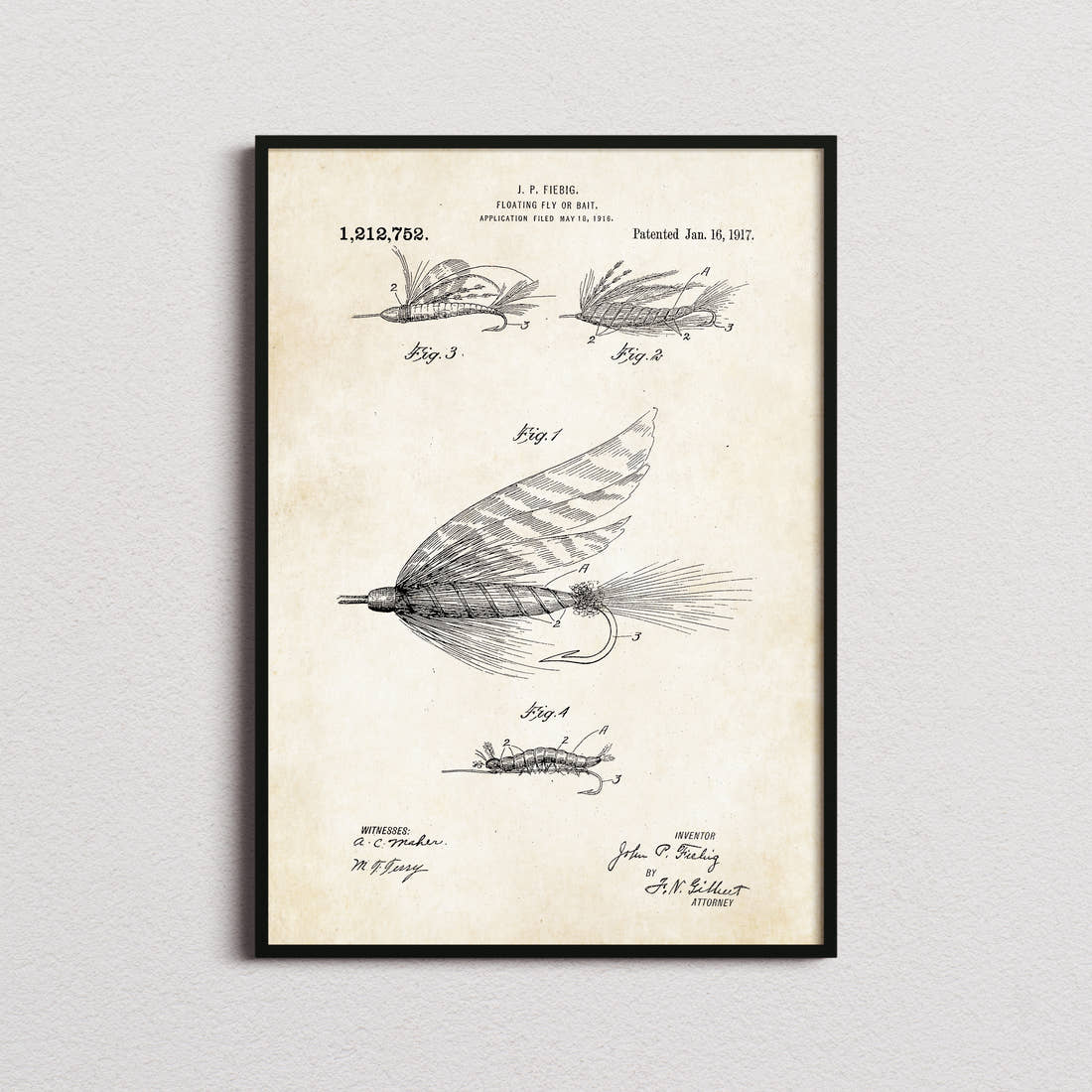 Floating Fly Or Bait Patent Print in the aged paper colourway, framed