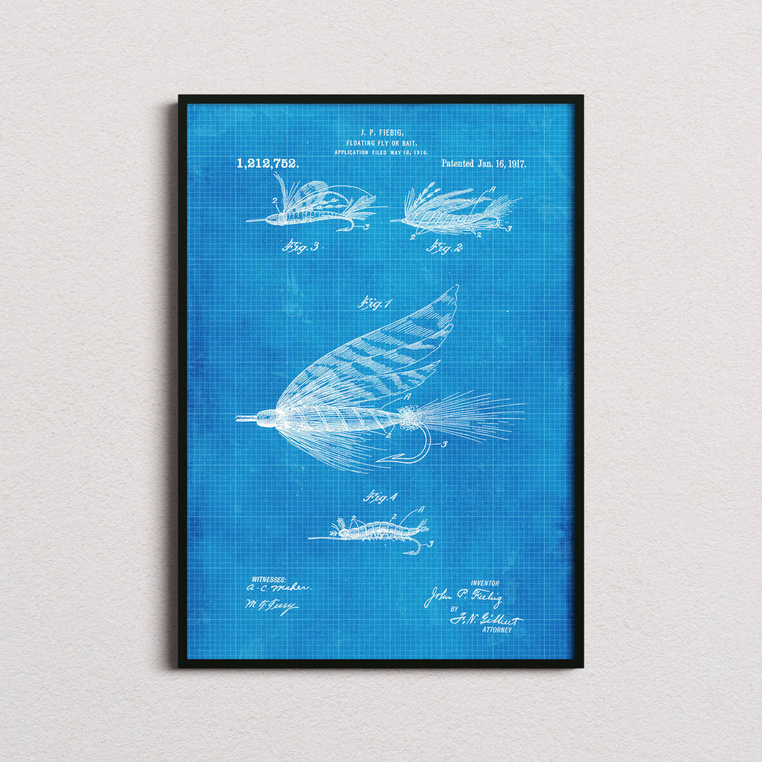 Floating Fly Or Bait Patent Print in the blueprint colourway, framed