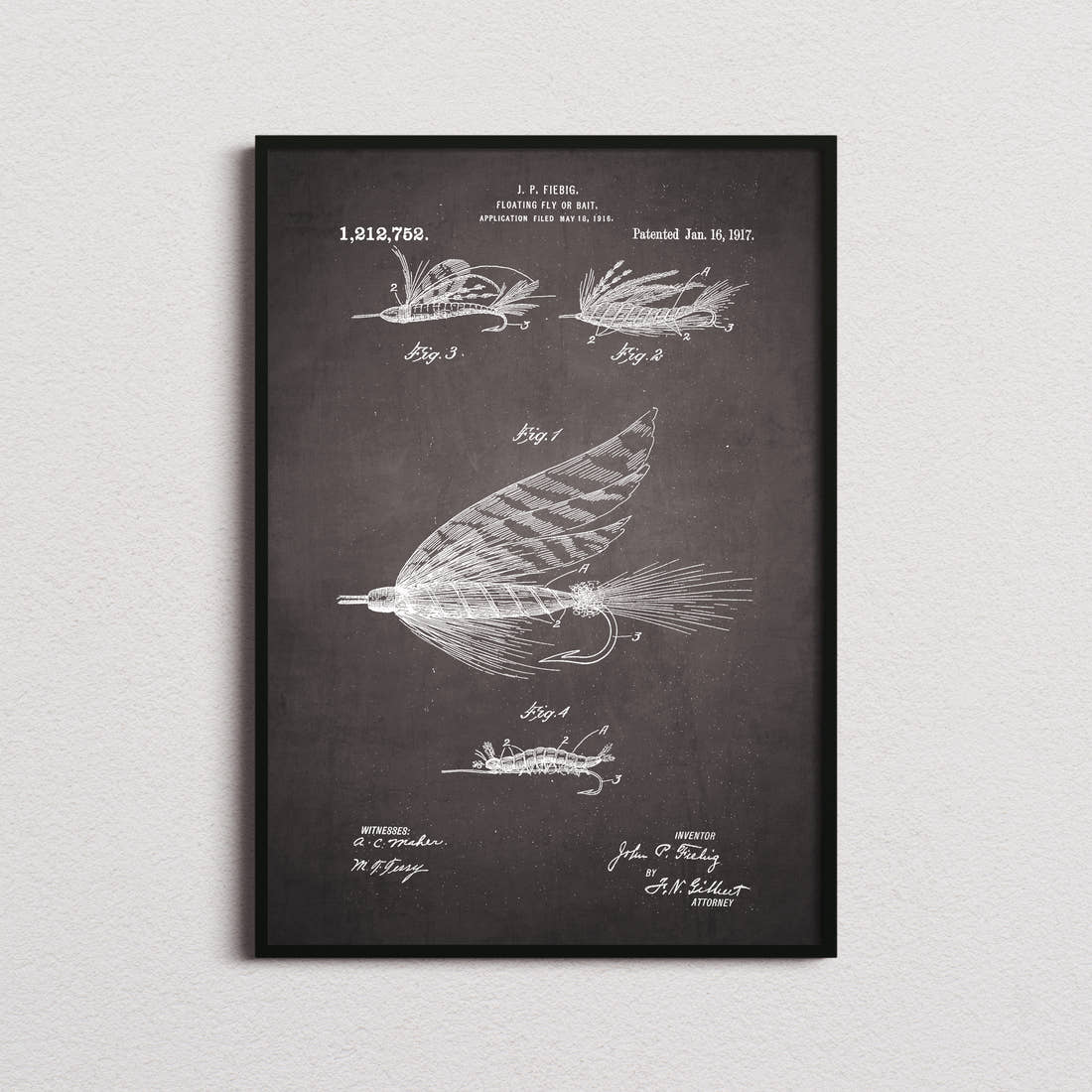Floating Fly Or Bait Patent Print in the blackboard colourway, framed