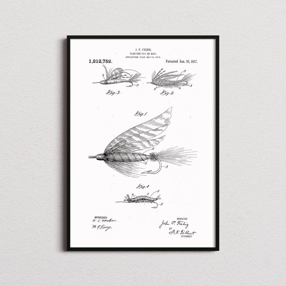 Floating Fly Or Bait Patent Print in the white colourway, framed