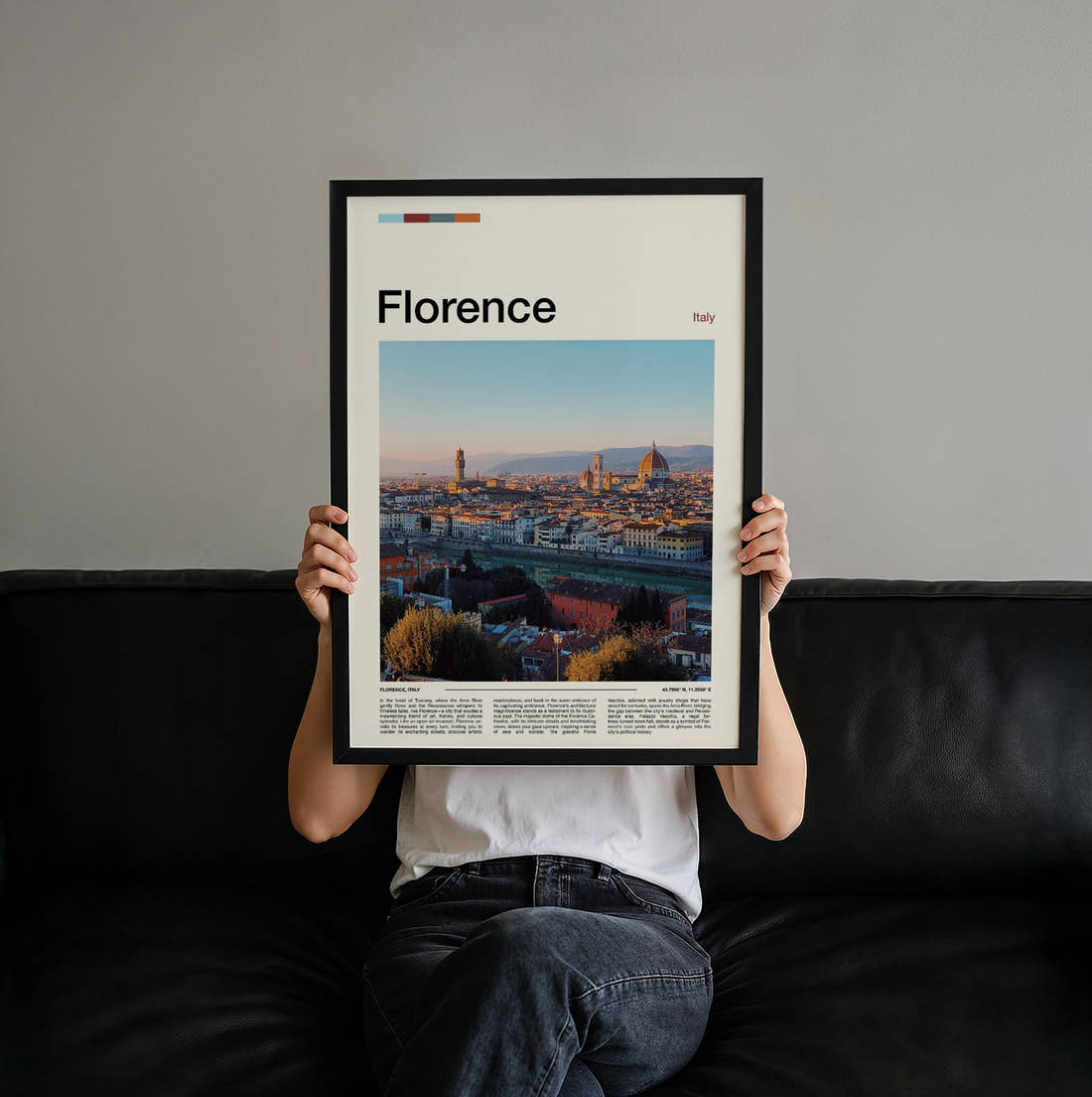 Florence Duomo And City Skyline Travel Print held up by hand to show the size of the print