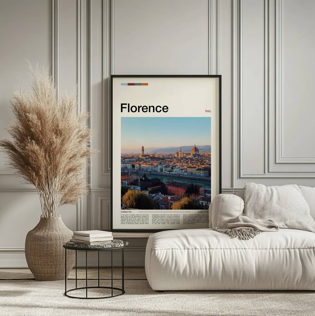 Florence Duomo And City Skyline Travel Print framed on the wall of a calm, neutral bedroom