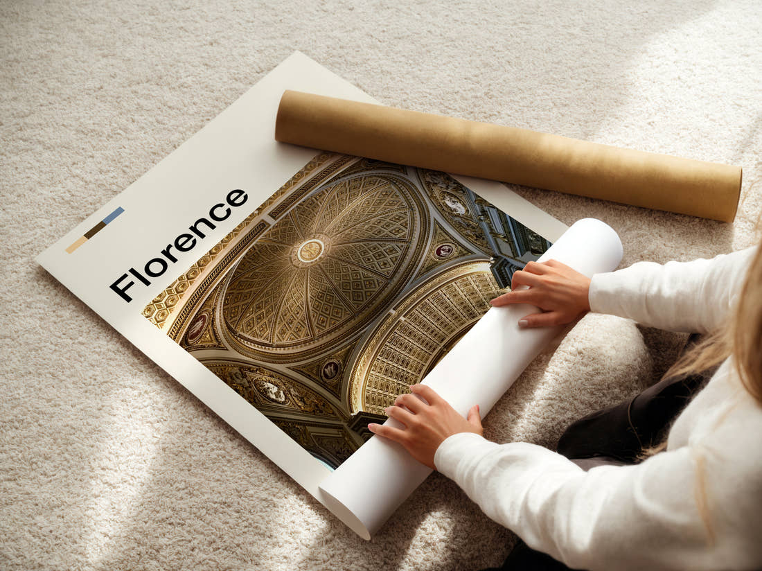 Florence Ornate Domed Ceiling Travel Print being unrolled from its postal tube